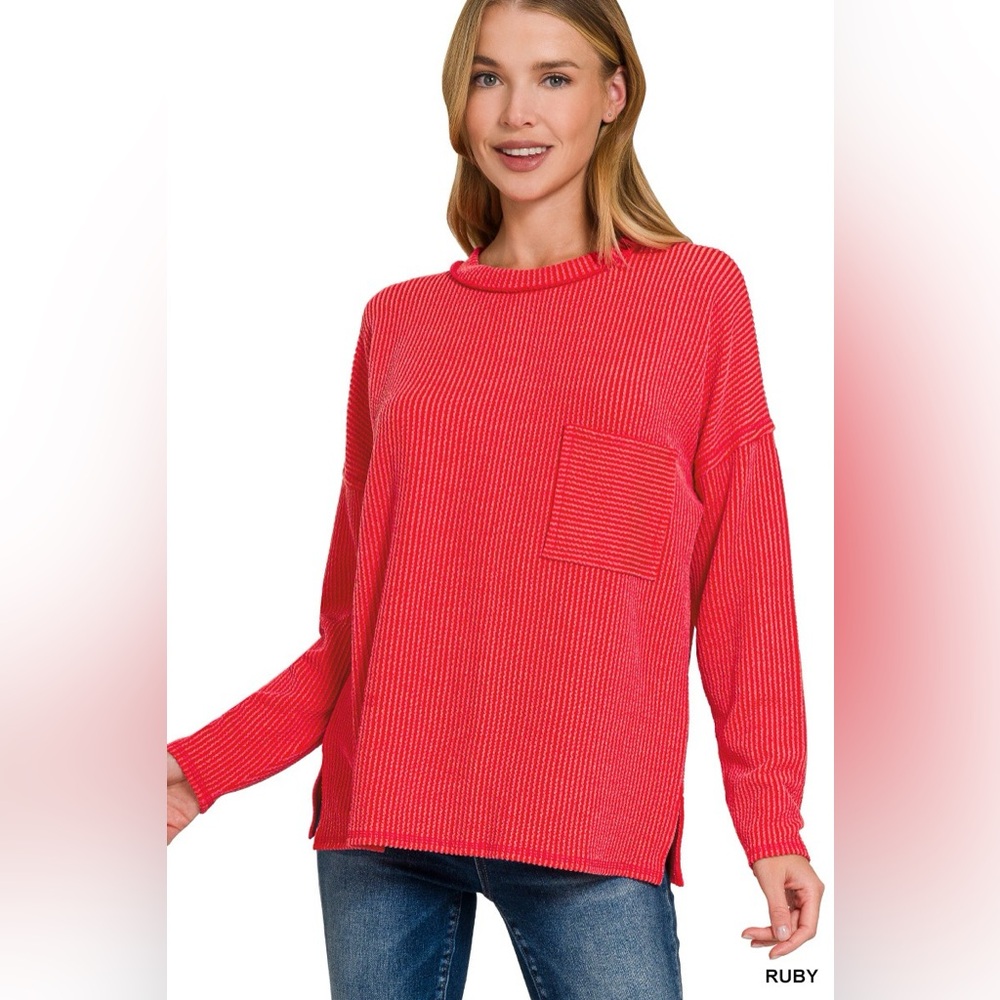 Zenana Long Sleeve Drop Shoulder Rib Top